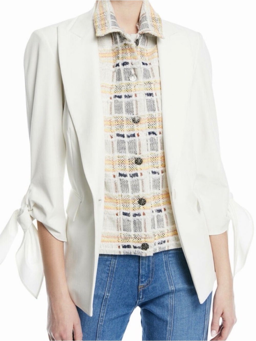 Veronica Beard Corrine Single-Breasted Tie-Cuff Dickey Blazer, Cream, Size 2